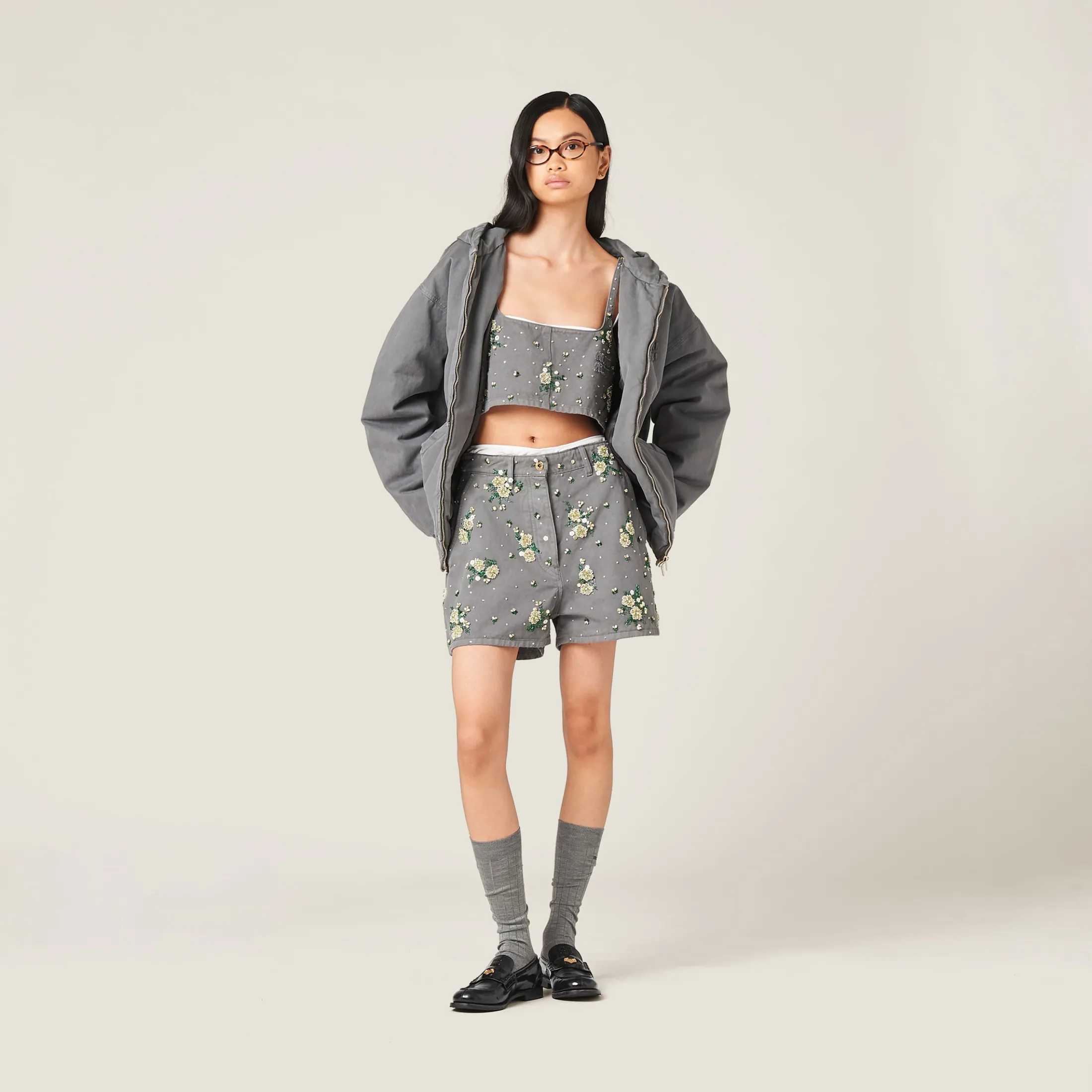 Iron Gray Garment-dyed Gabardine Bermudas | Miu Miu