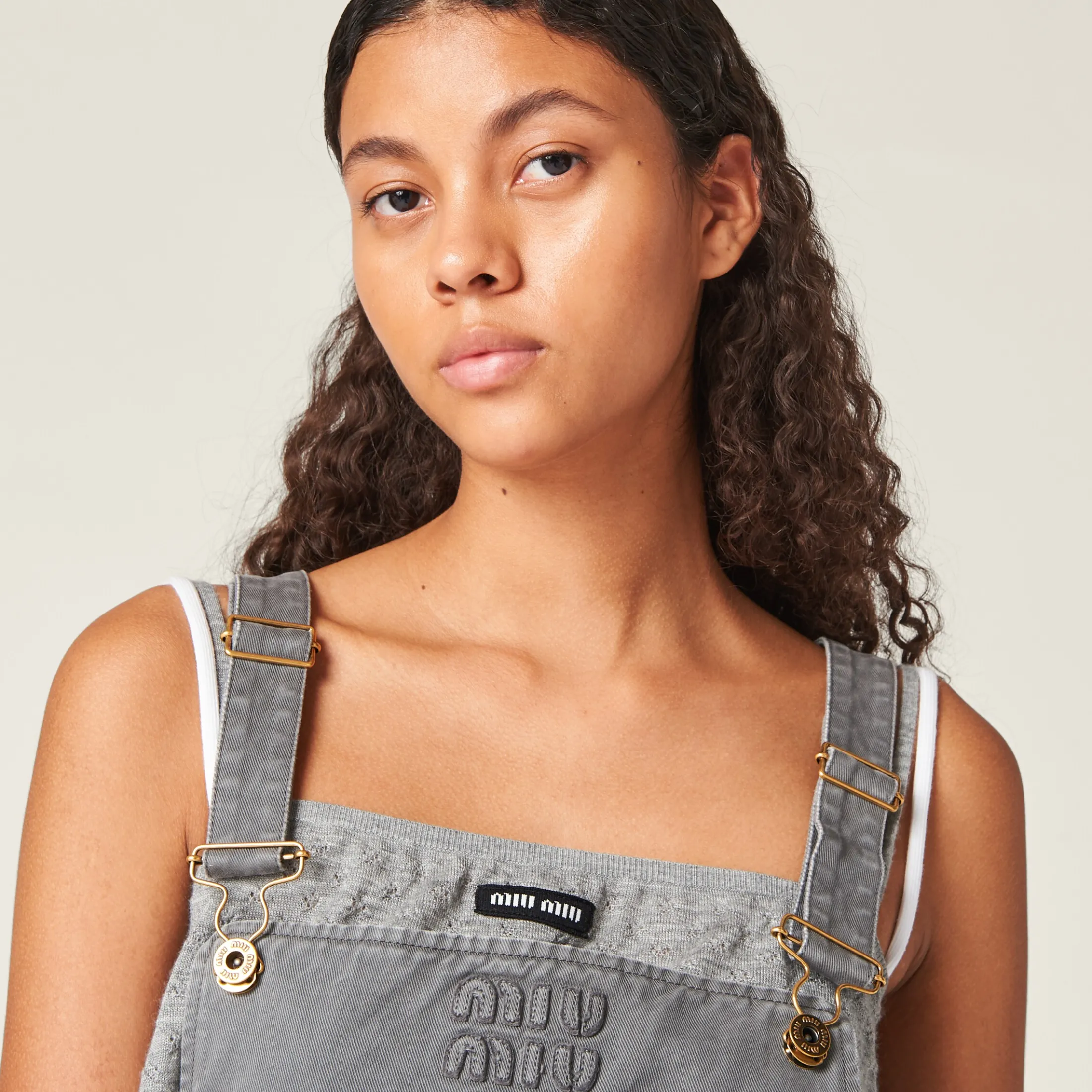 Iron Gray Garment-dyed Gabardine Overall Mini-dress | Miu Miu