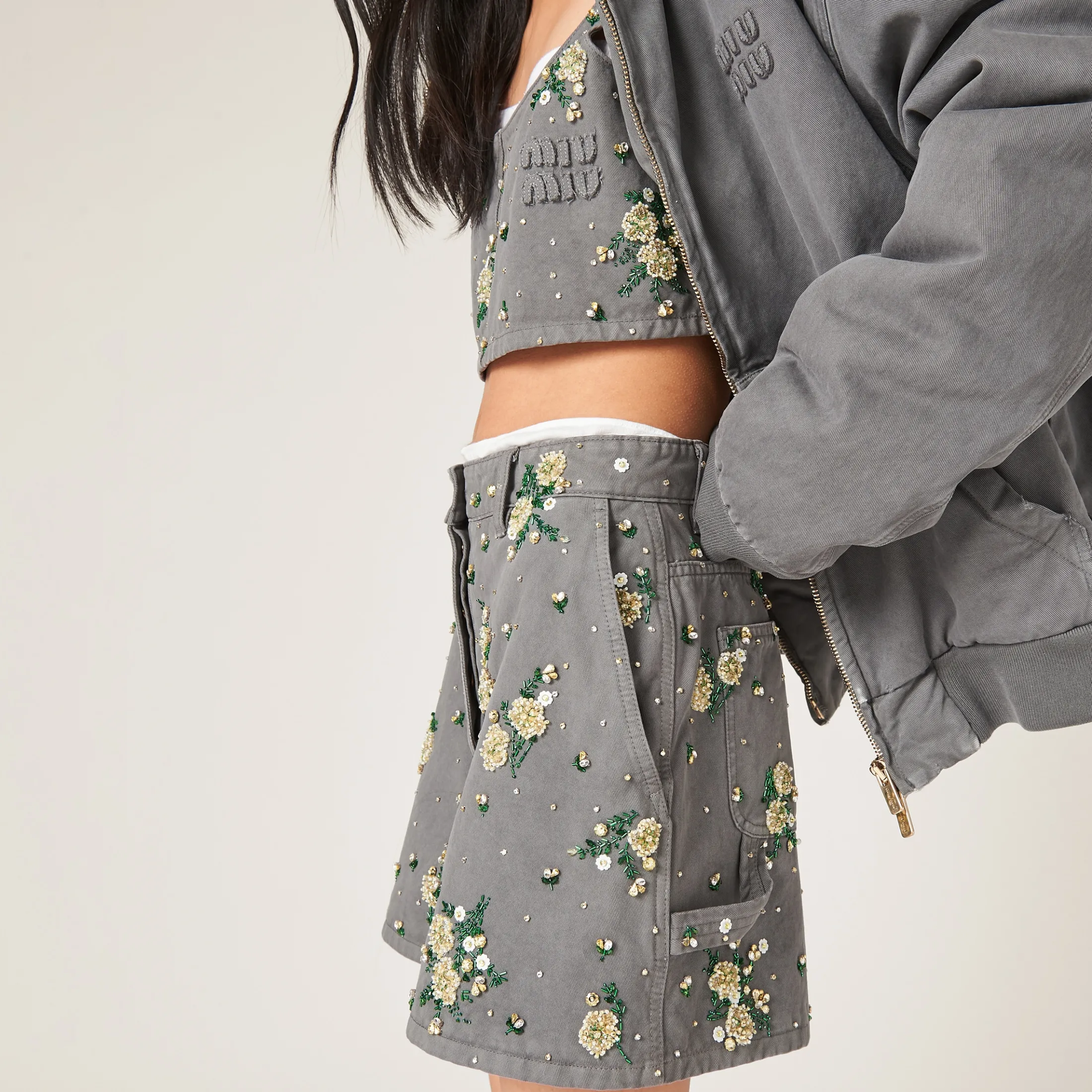 Iron Gray Garment-dyed Gabardine Bermudas | Miu Miu