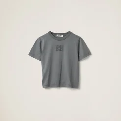Iron Gray Garment-dyed Jersey T-shirt With Embroidered Logo | Miu Miu
