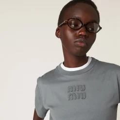 Iron Gray Garment-dyed Jersey T-shirt With Embroidered Logo | Miu Miu