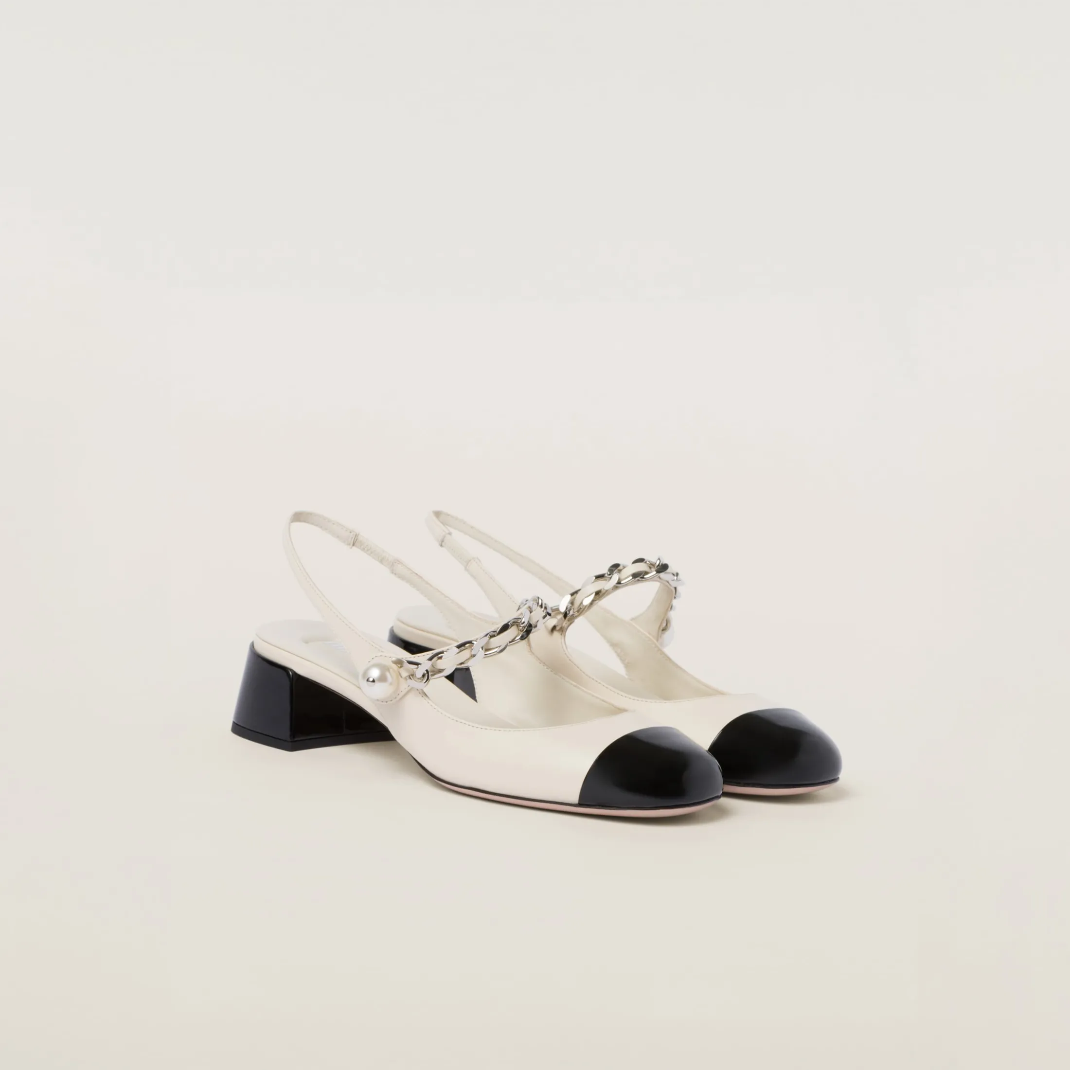 Ivory/black Leather And Patent Leather Slingback Pumps | Miu Miu