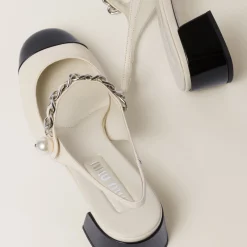Ivory/black Leather And Patent Leather Slingback Pumps | Miu Miu