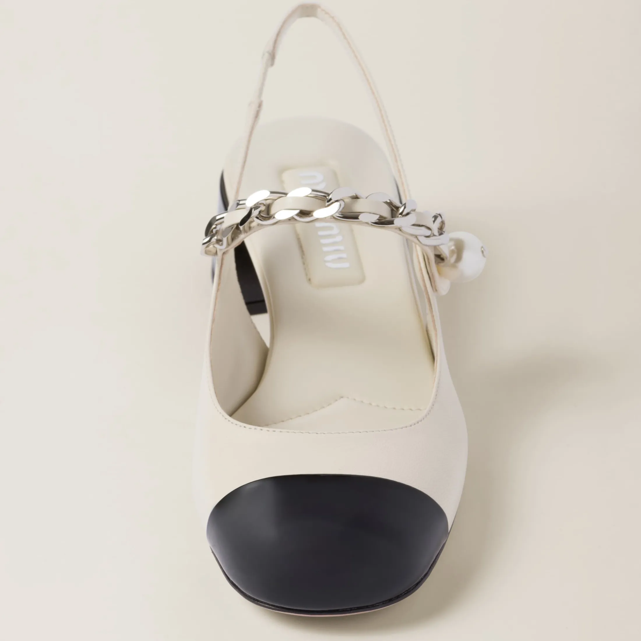 Ivory/black Leather And Patent Leather Slingback Pumps | Miu Miu