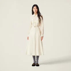 Ivory/black Long Crepe De Chine Dress | Miu Miu