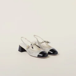 Ivory/black Satin And Crystal Slingback Pumps | Miu Miu