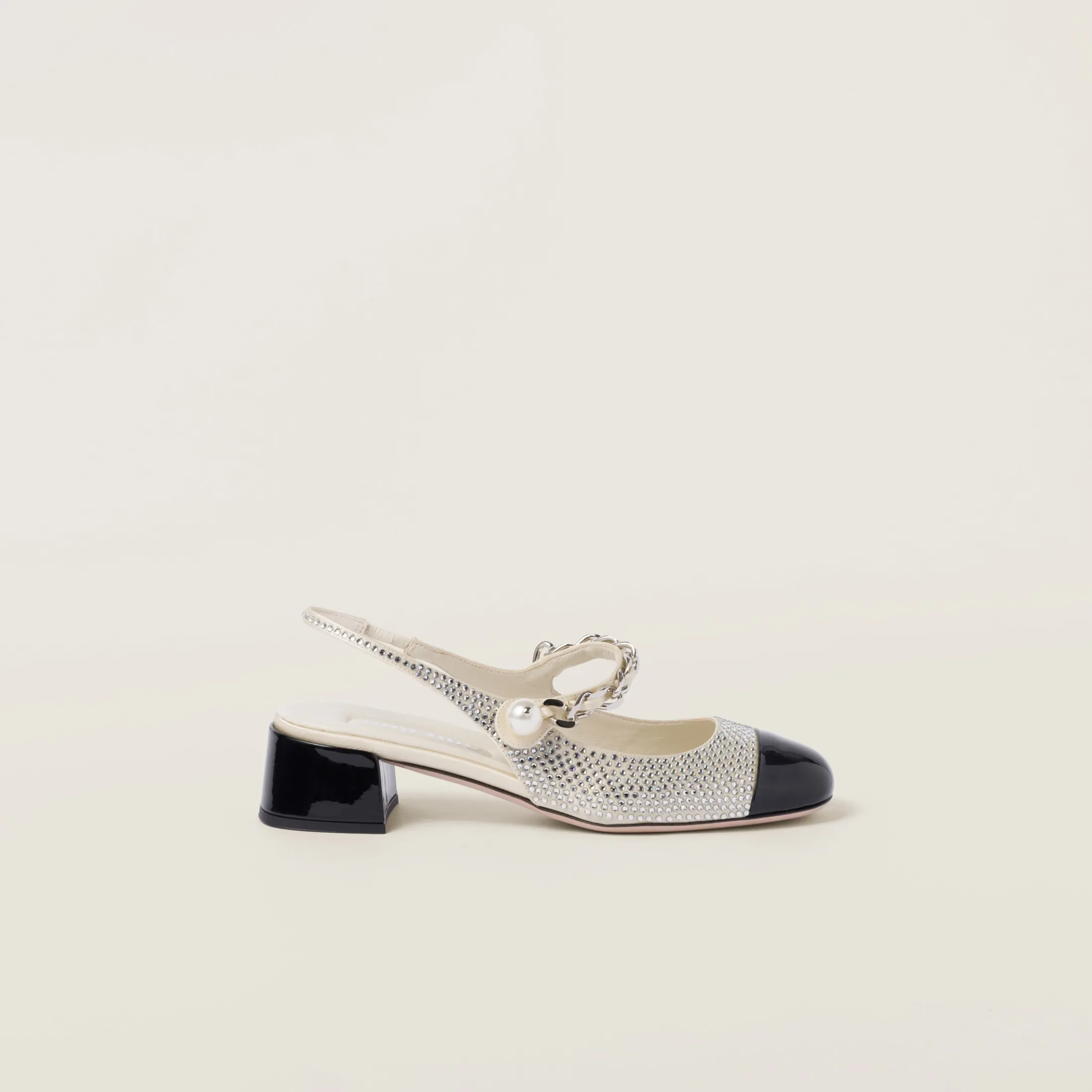 Ivory/black Satin And Crystal Slingback Pumps | Miu Miu