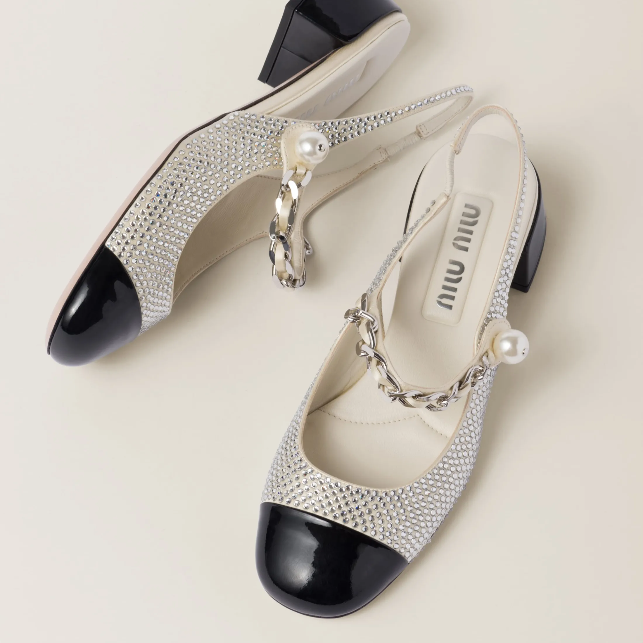 Ivory/black Satin And Crystal Slingback Pumps | Miu Miu