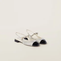 Ivory/black Satin Slingback Ballerinas With Crystals | Miu Miu