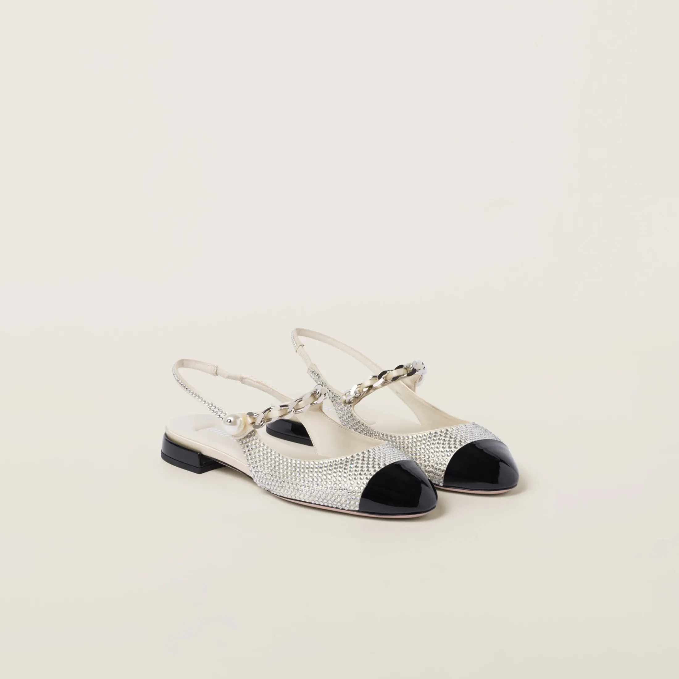 Ivory/black Satin Slingback Ballerinas With Crystals | Miu Miu
