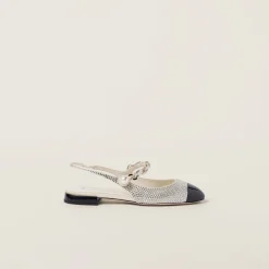 Ivory/black Satin Slingback Ballerinas With Crystals | Miu Miu