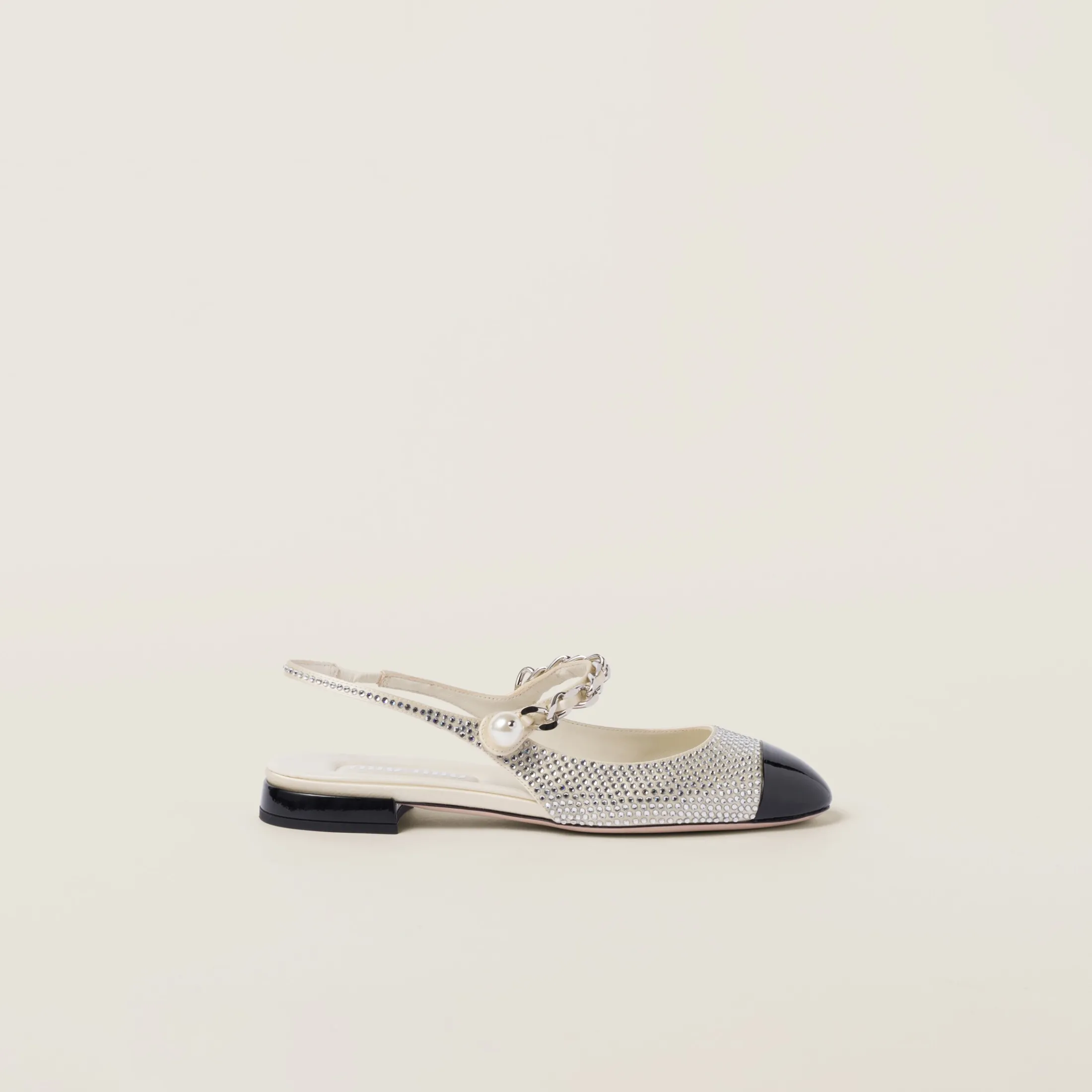 Ivory/black Satin Slingback Ballerinas With Crystals | Miu Miu
