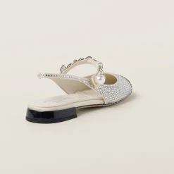 Ivory/black Satin Slingback Ballerinas With Crystals | Miu Miu