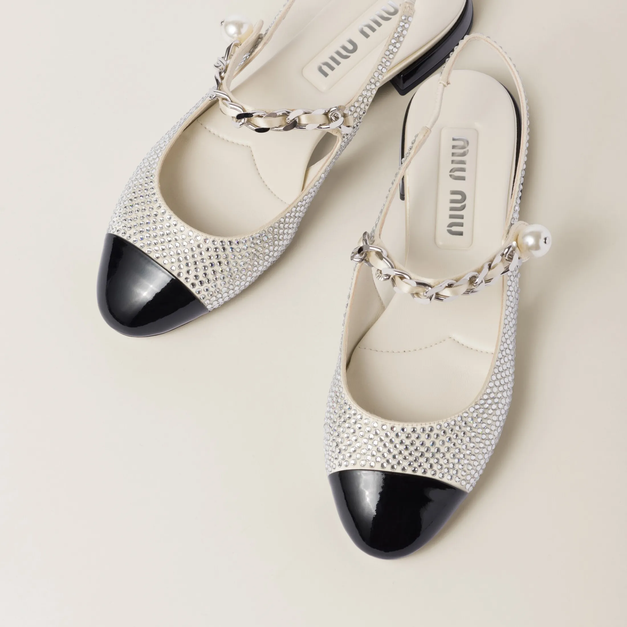 Ivory/black Satin Slingback Ballerinas With Crystals | Miu Miu