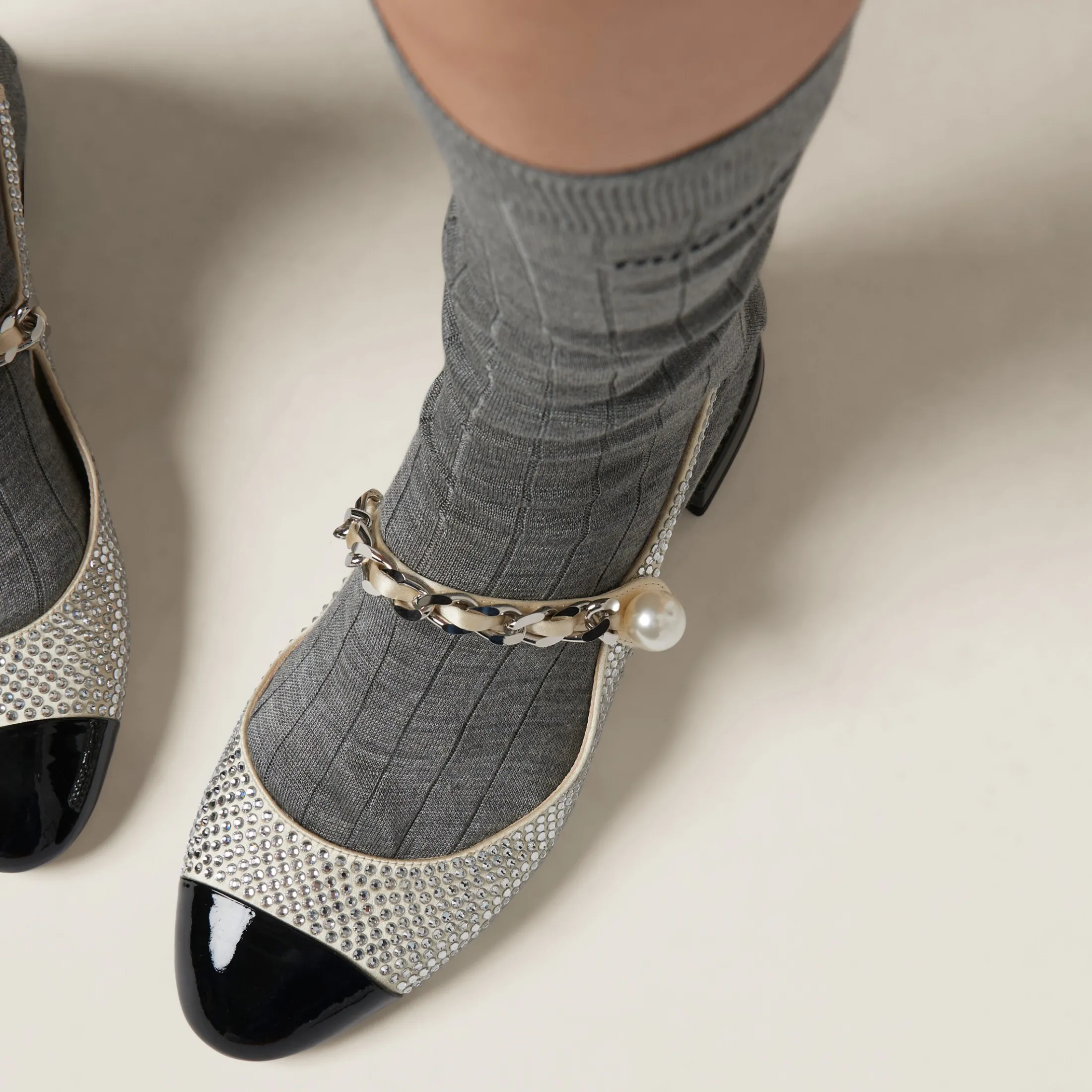 Ivory/black Satin Slingback Ballerinas With Crystals | Miu Miu