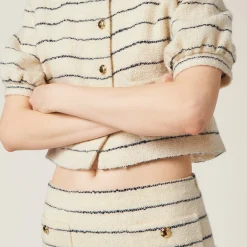 Ivory/blue Single-breasted Bouclé Jacket | Miu Miu