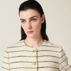 Ivory/blue Single-breasted Bouclé Jacket | Miu Miu