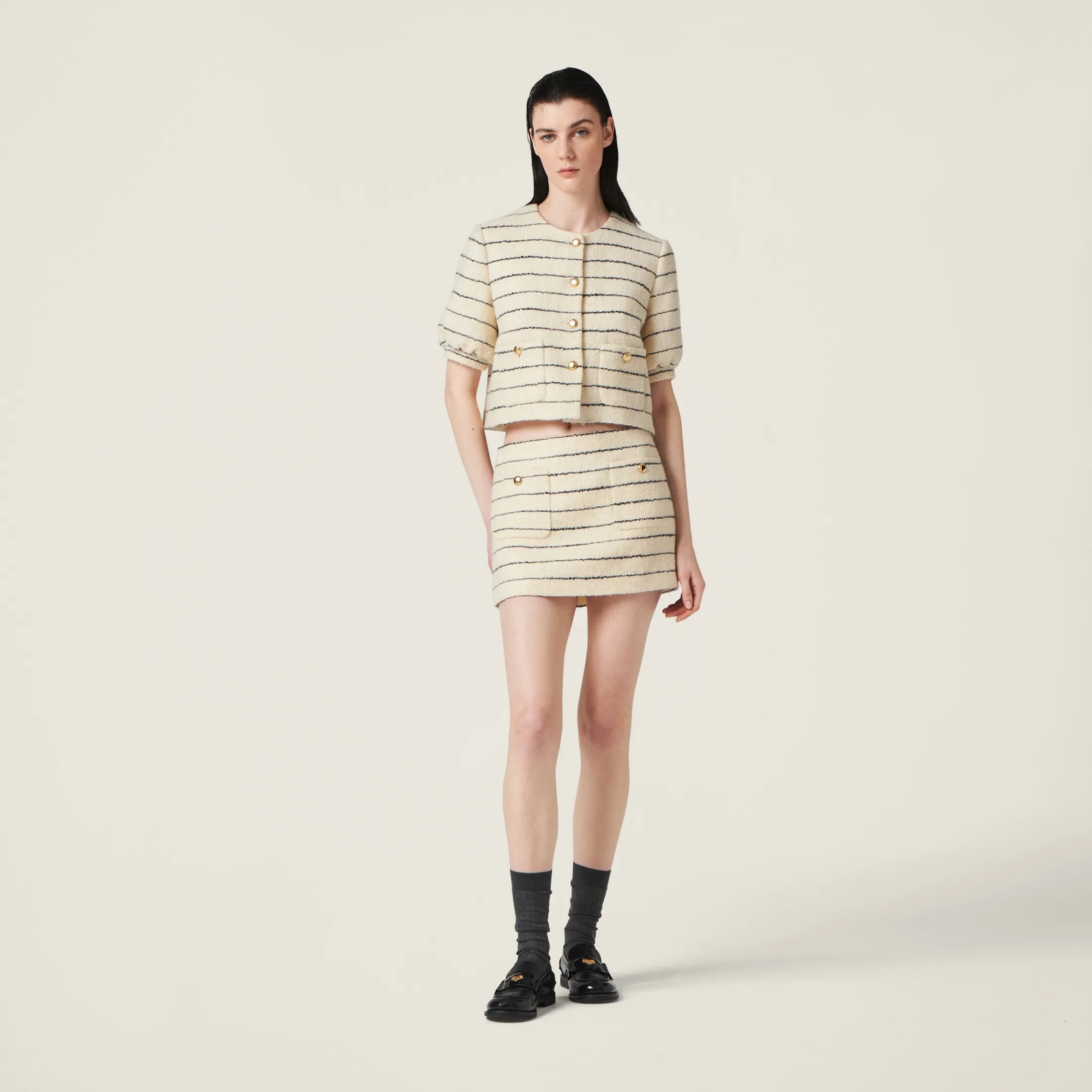 Ivory/blue Striped Bouclé Miniskirt | Miu Miu