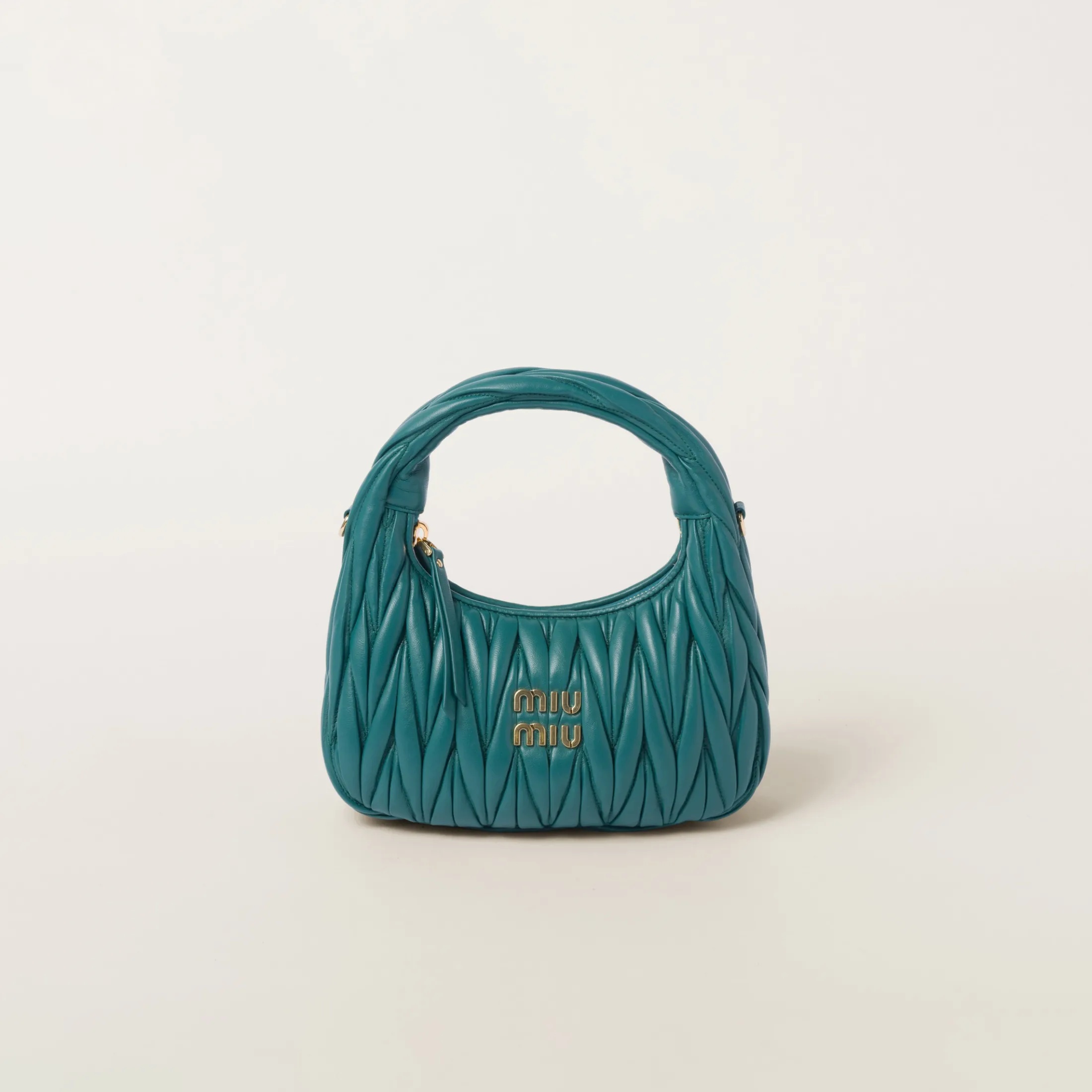 Lagoon Blue Wander Matelassé Nappa Leather Hobo Bag | Miu Miu