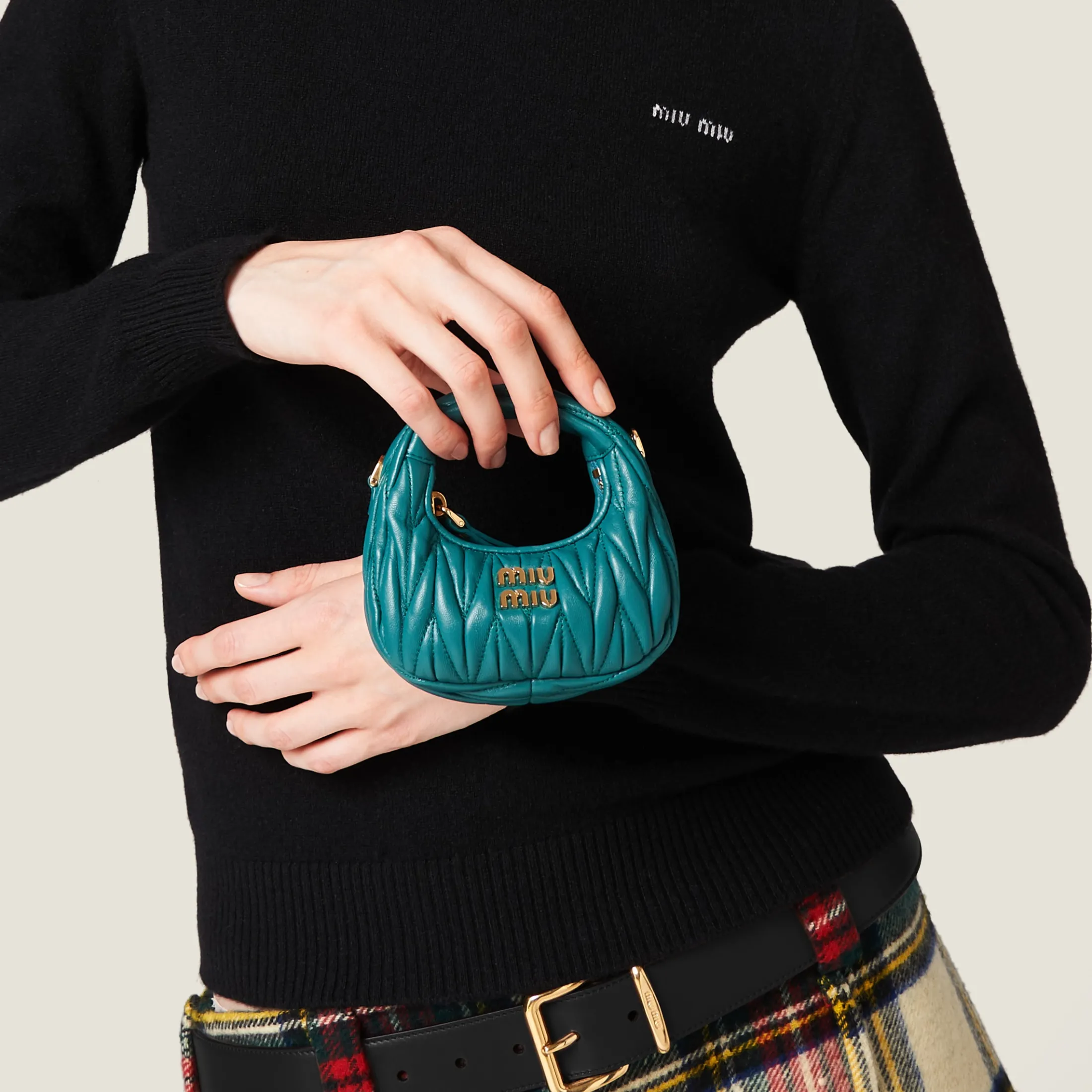 Lagoon Blue Wander Matelassé Nappa Leather Micro Hobo Bag | Miu Miu