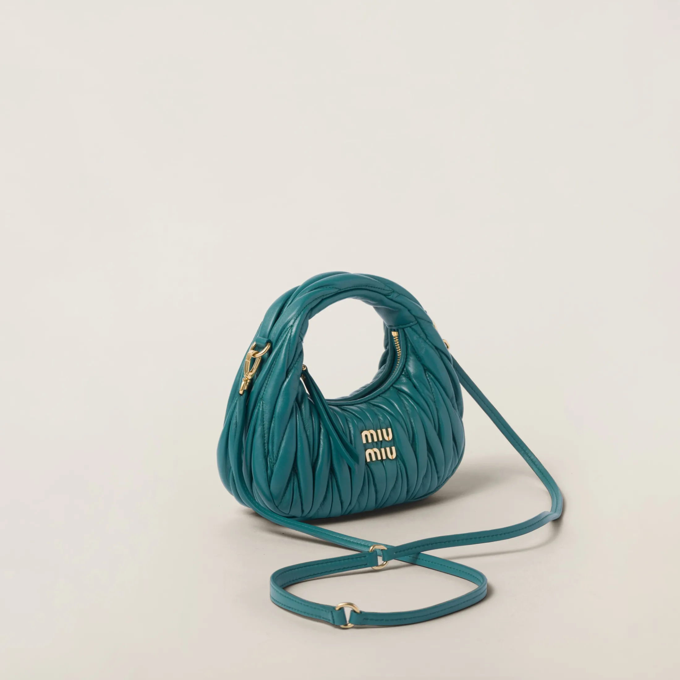 Lagoon Blue Wander Matelassé Nappa Leather Hobo Mini-bag | Miu Miu