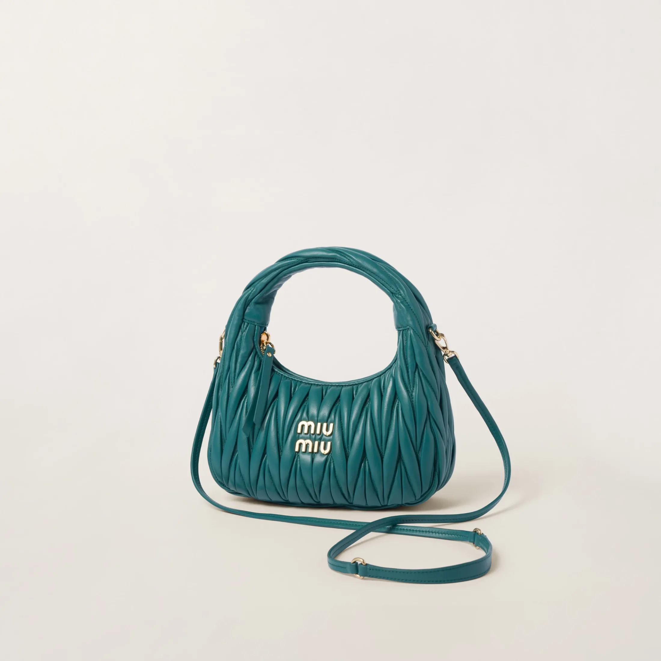 Lagoon Blue Wander Matelassé Nappa Leather Hobo Bag | Miu Miu