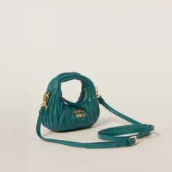 Lagoon Blue Wander Matelassé Nappa Leather Micro Hobo Bag | Miu Miu