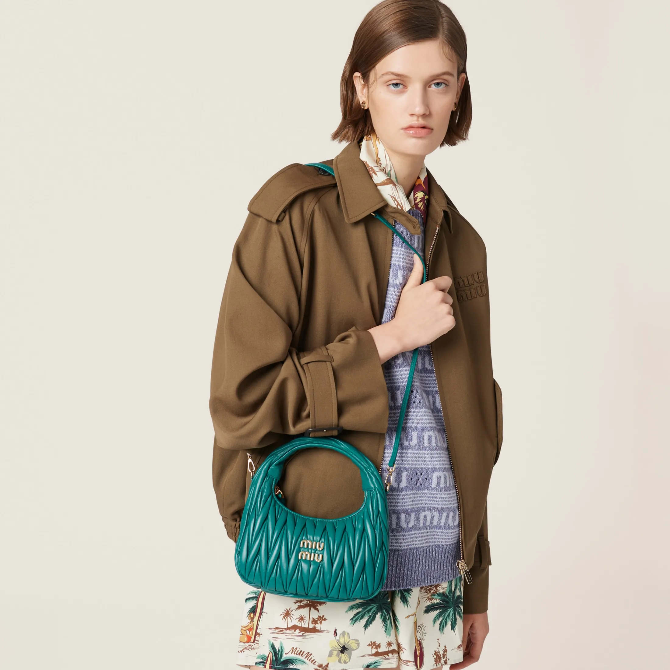 Lagoon Blue Wander Matelassé Nappa Leather Hobo Bag | Miu Miu