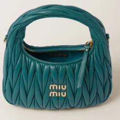 Lagoon Blue Wander Matelassé Nappa Leather Hobo Bag | Miu Miu