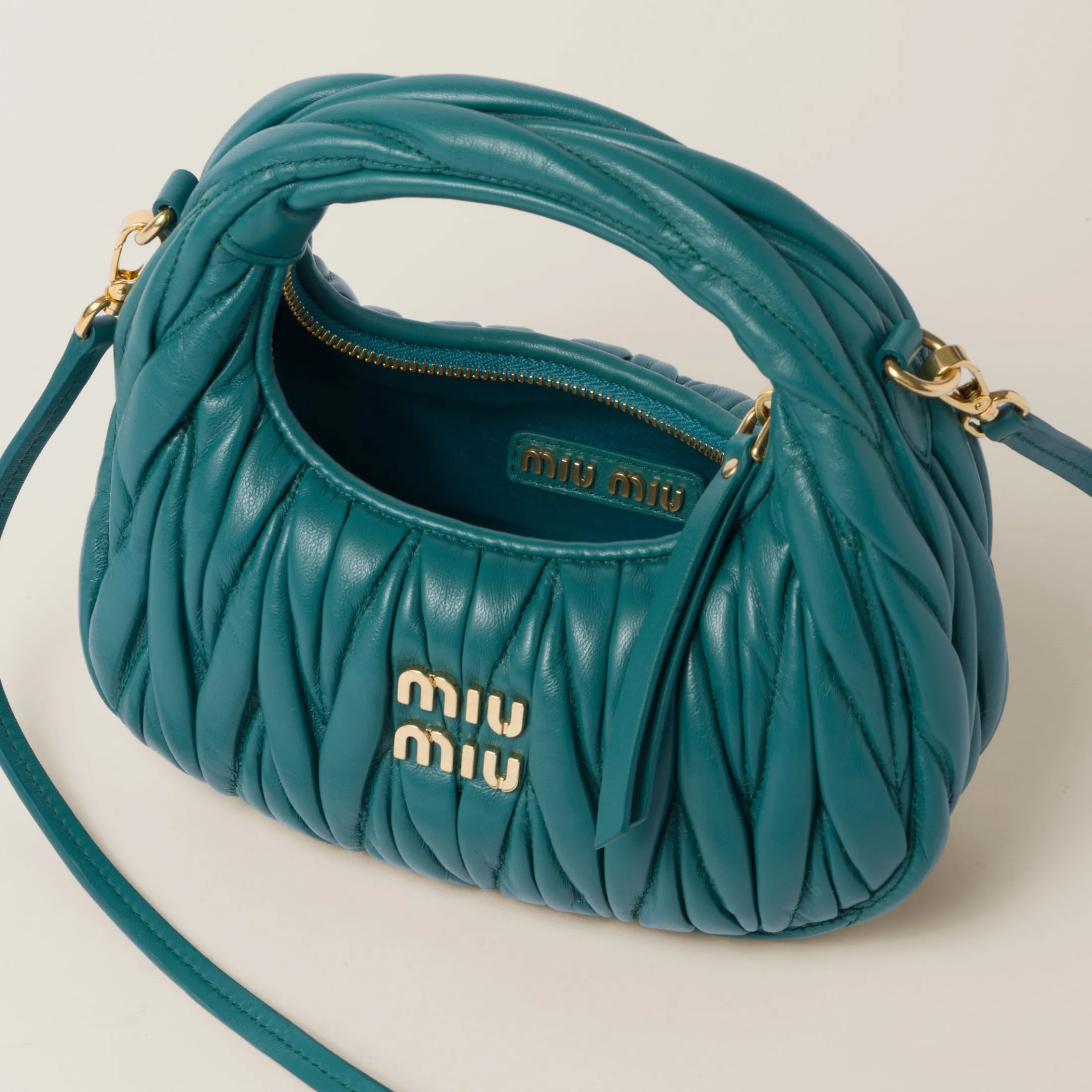 Lagoon Blue Wander Matelassé Nappa Leather Hobo Mini-bag | Miu Miu