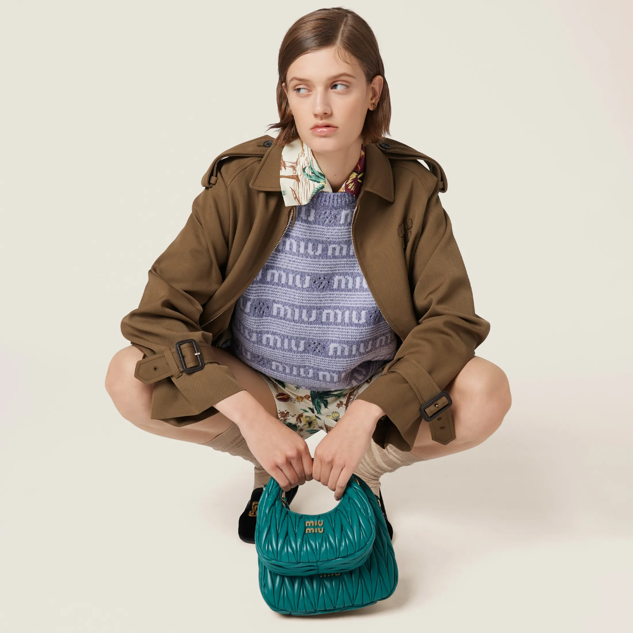 Lagoon Blue Wander Matelassé Nappa Leather Hobo Bag | Miu Miu