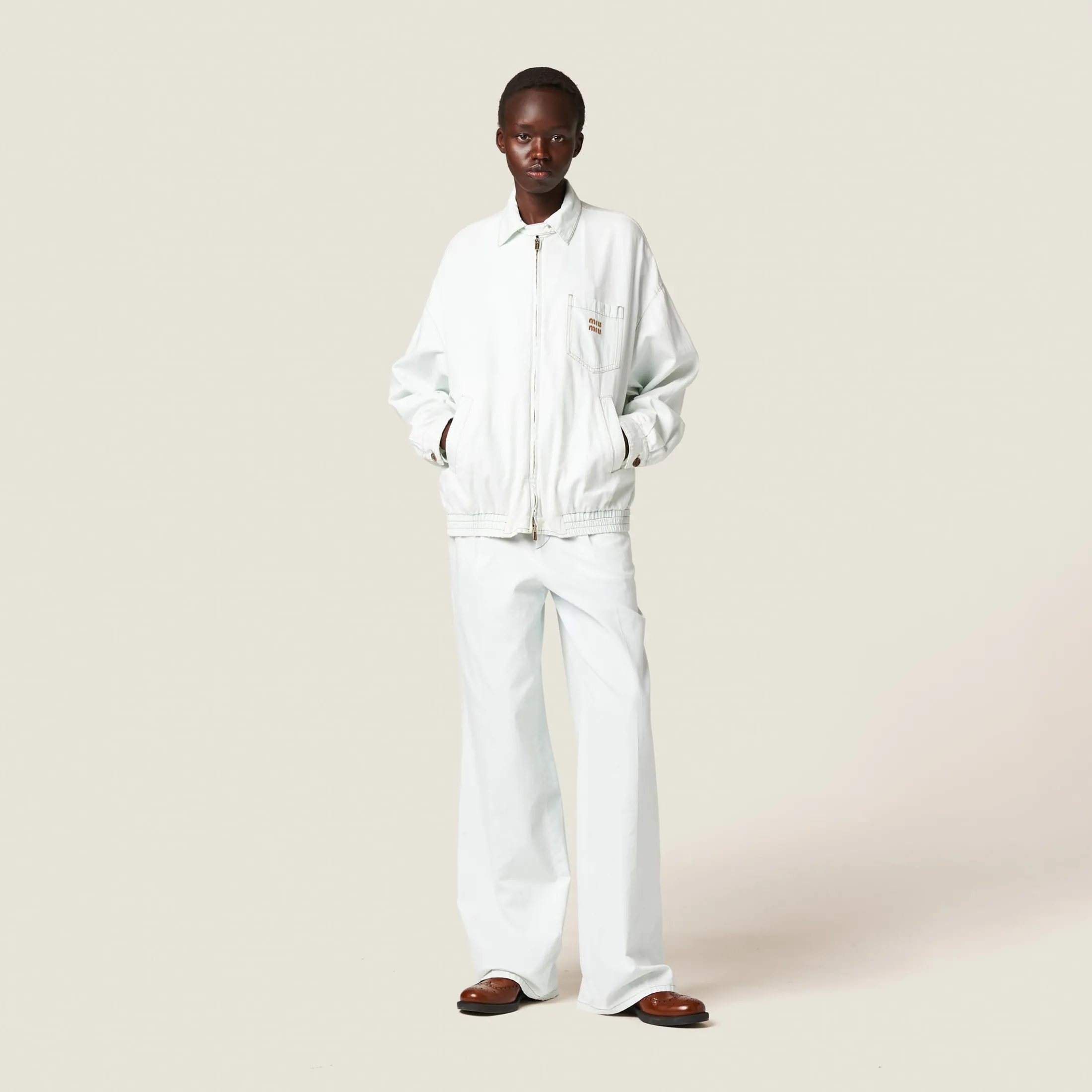 Light Blue Chambray Denim Blouson Jacket | Miu Miu