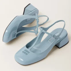 Light Blue Patent Leather Slingback Pumps | Miu Miu