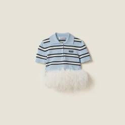 Light Blue Silk And Cotton Knit Polo Shirt | Miu Miu