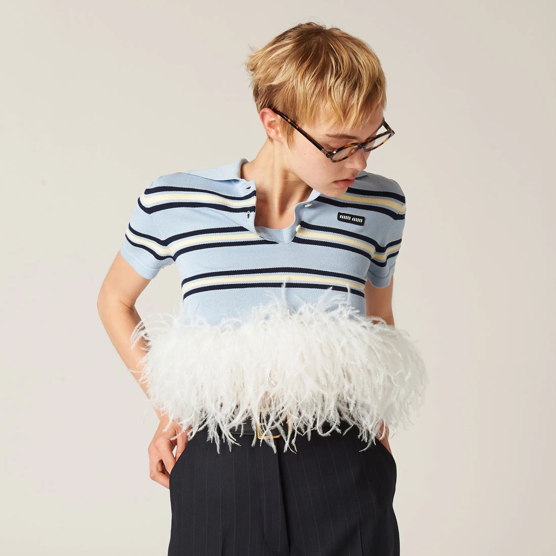 Light Blue Silk And Cotton Knit Polo Shirt | Miu Miu