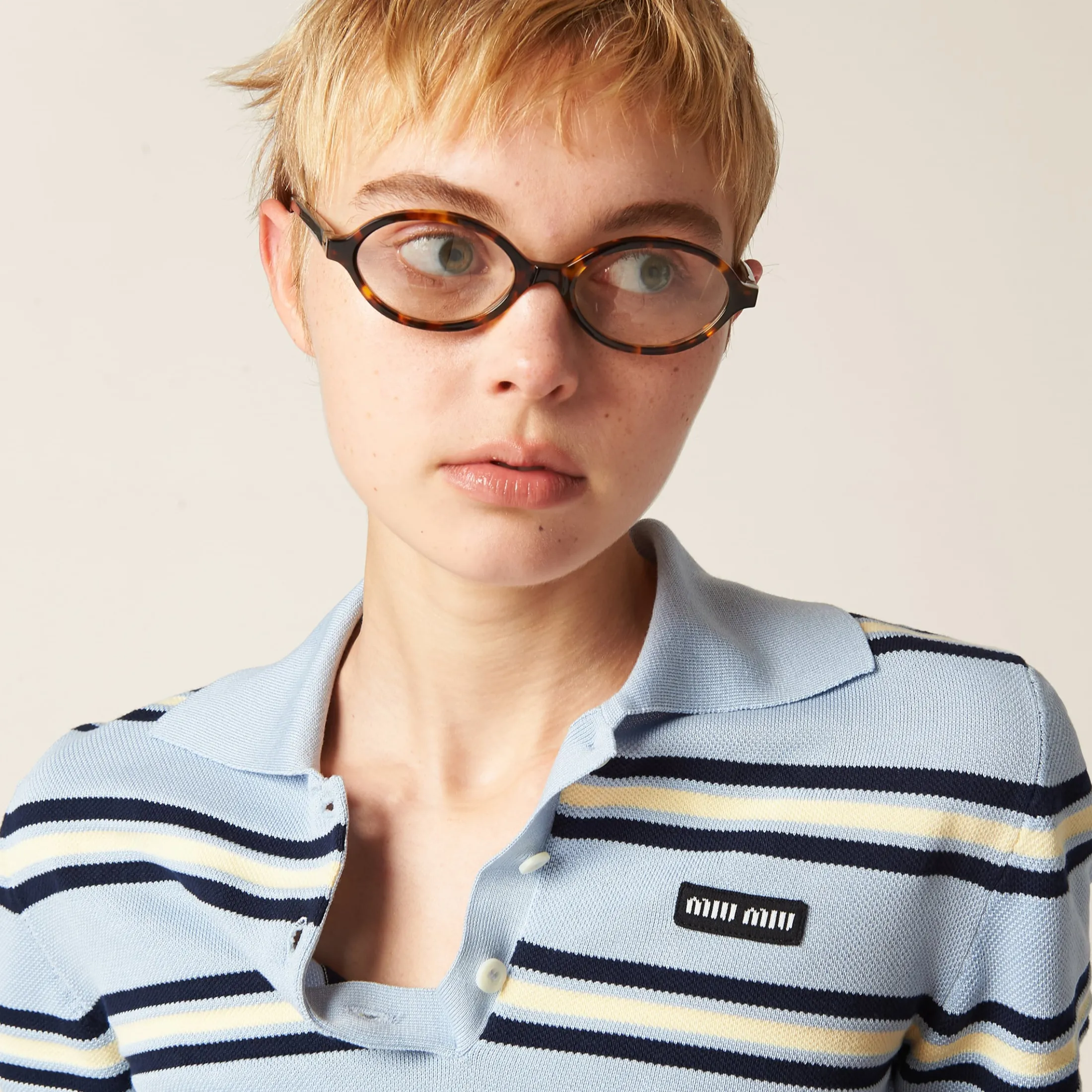 Light Blue Silk And Cotton Knit Polo Shirt | Miu Miu