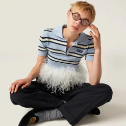Light Blue Silk And Cotton Knit Polo Shirt | Miu Miu