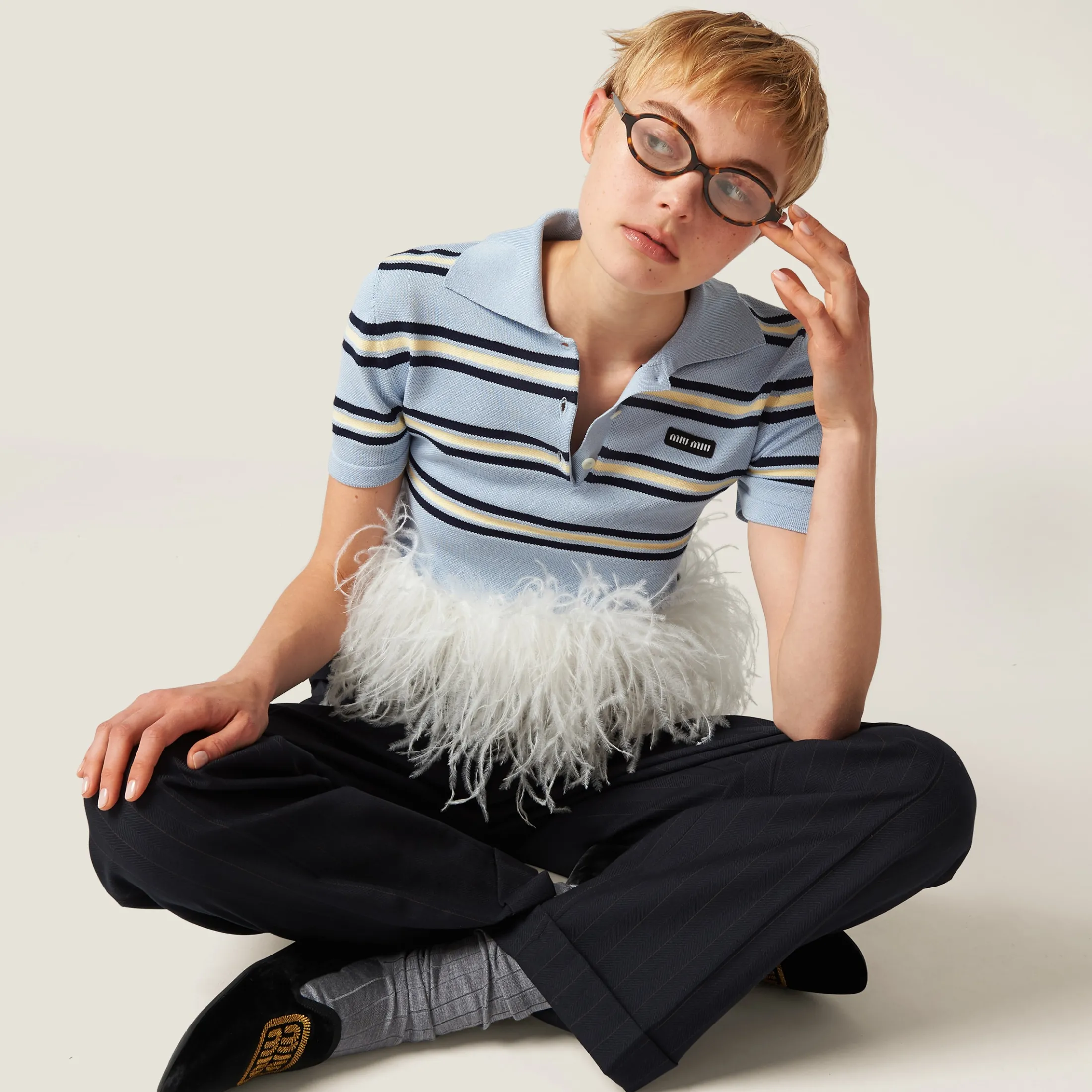 Light Blue Silk And Cotton Knit Polo Shirt | Miu Miu