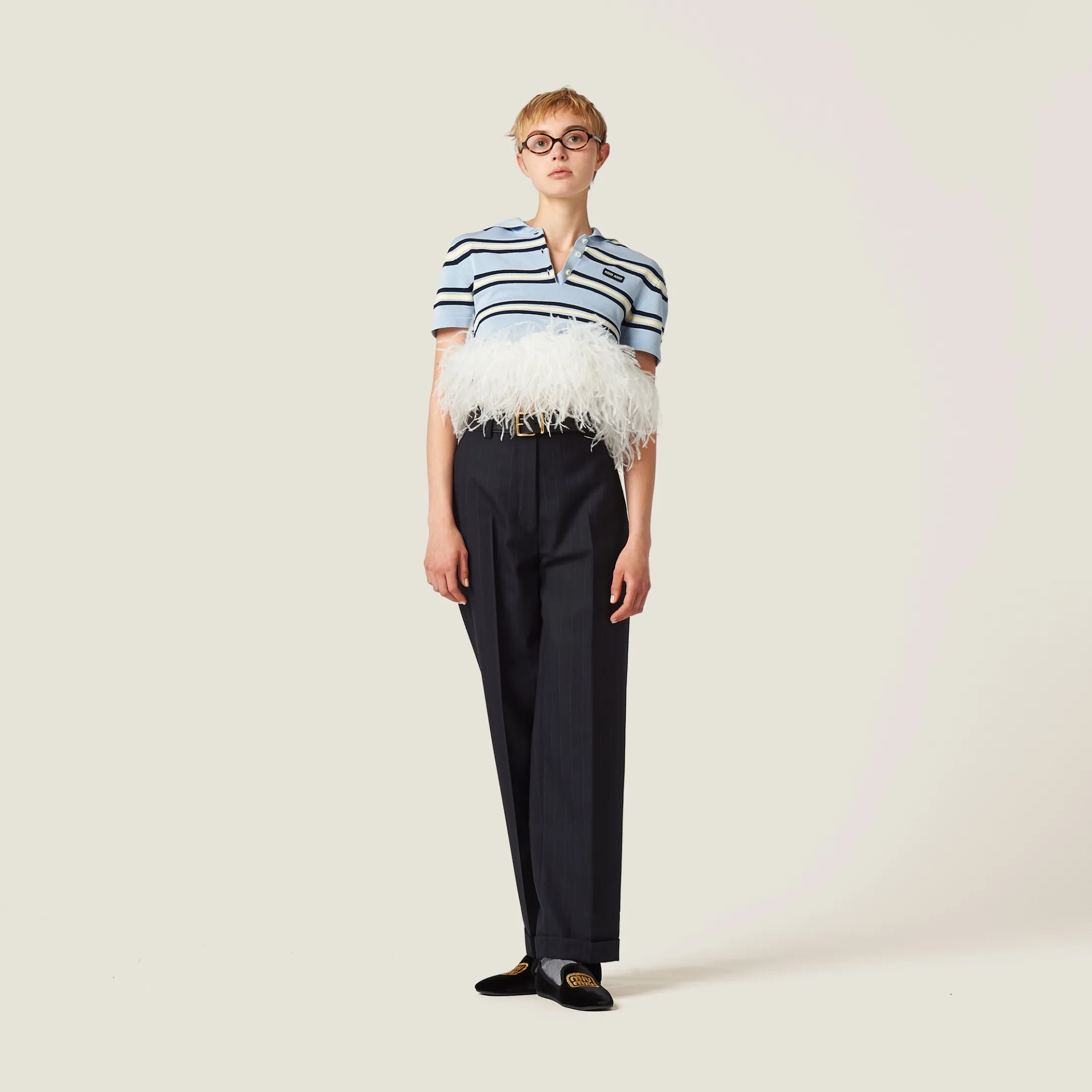 Light Blue Silk And Cotton Knit Polo Shirt | Miu Miu