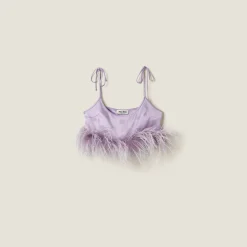 Lilac Feather-trimmed Satin Top | Miu Miu