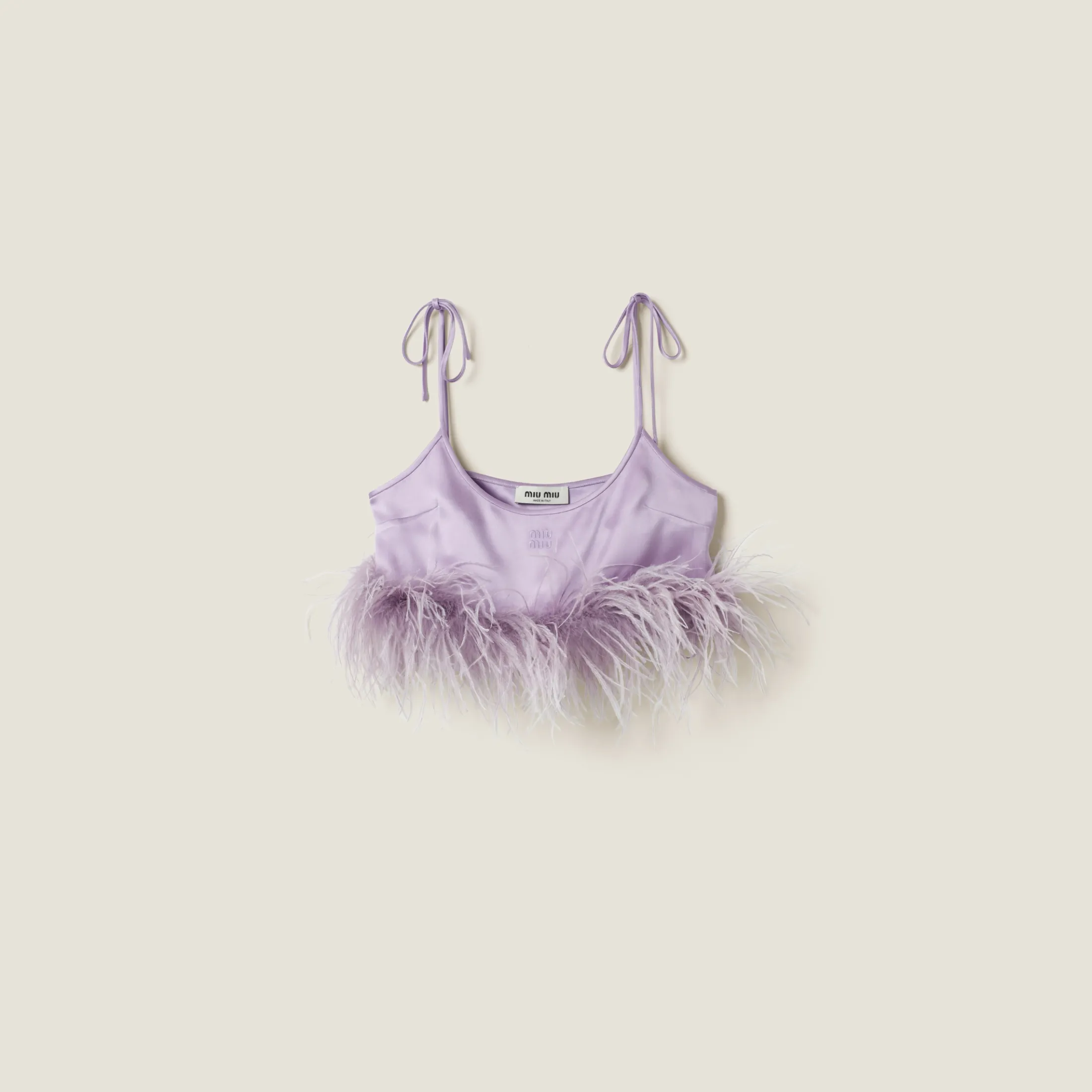 Lilac Feather-trimmed Satin Top | Miu Miu