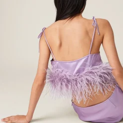Lilac Feather-trimmed Satin Top | Miu Miu