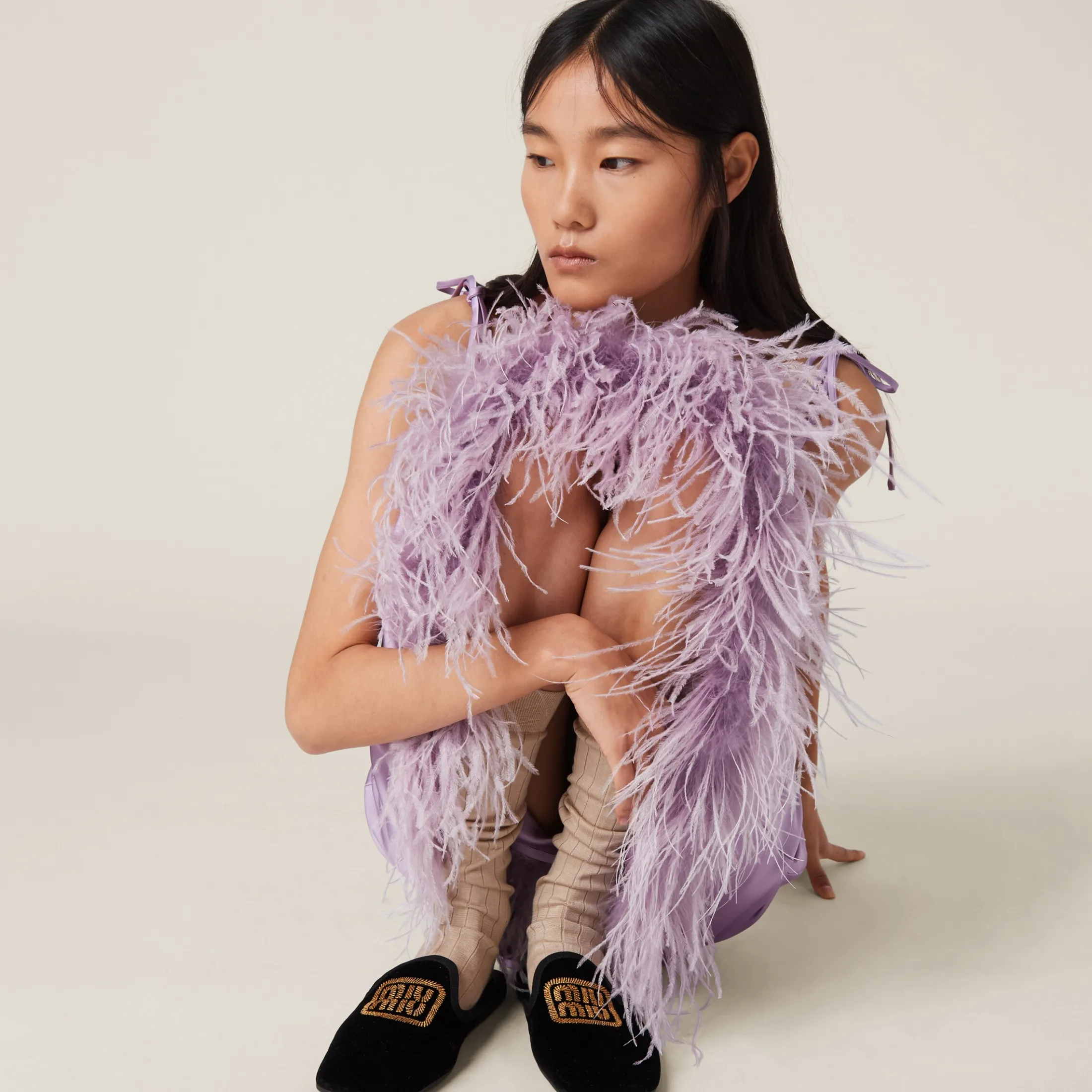 Lilac Feather-trimmed Satin Skirt | Miu Miu