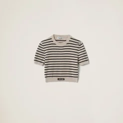Limestone/black Cotton Crew-neck Sweater | Miu Miu