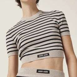 Limestone/black Cotton Crew-neck Sweater | Miu Miu