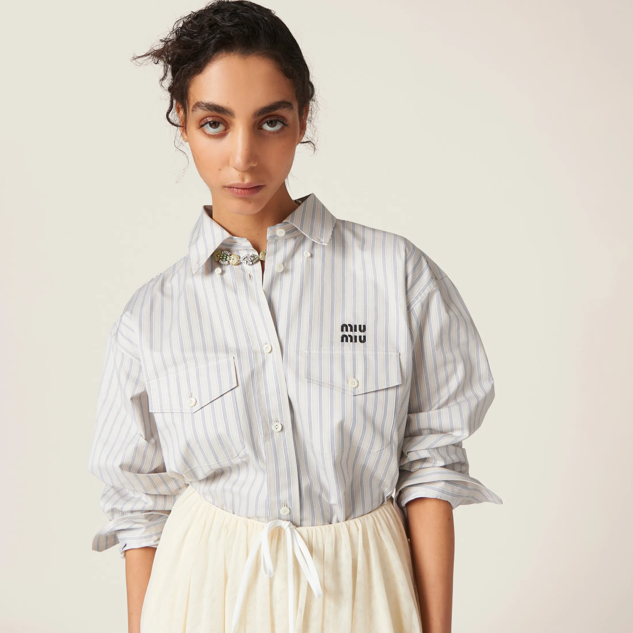 Limestone/gray Striped Cotton Shirt | Miu Miu
