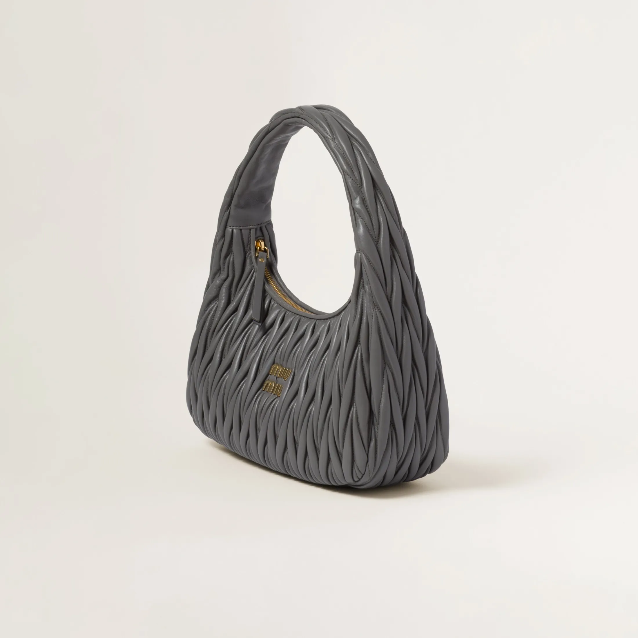 Marble Gray Wander Matelassé Nappa Leather Hobo Bag | Miu Miu