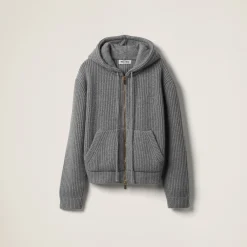 Marble Gray Wool And Cashmere Hoodie Cardigan | Miu Miu