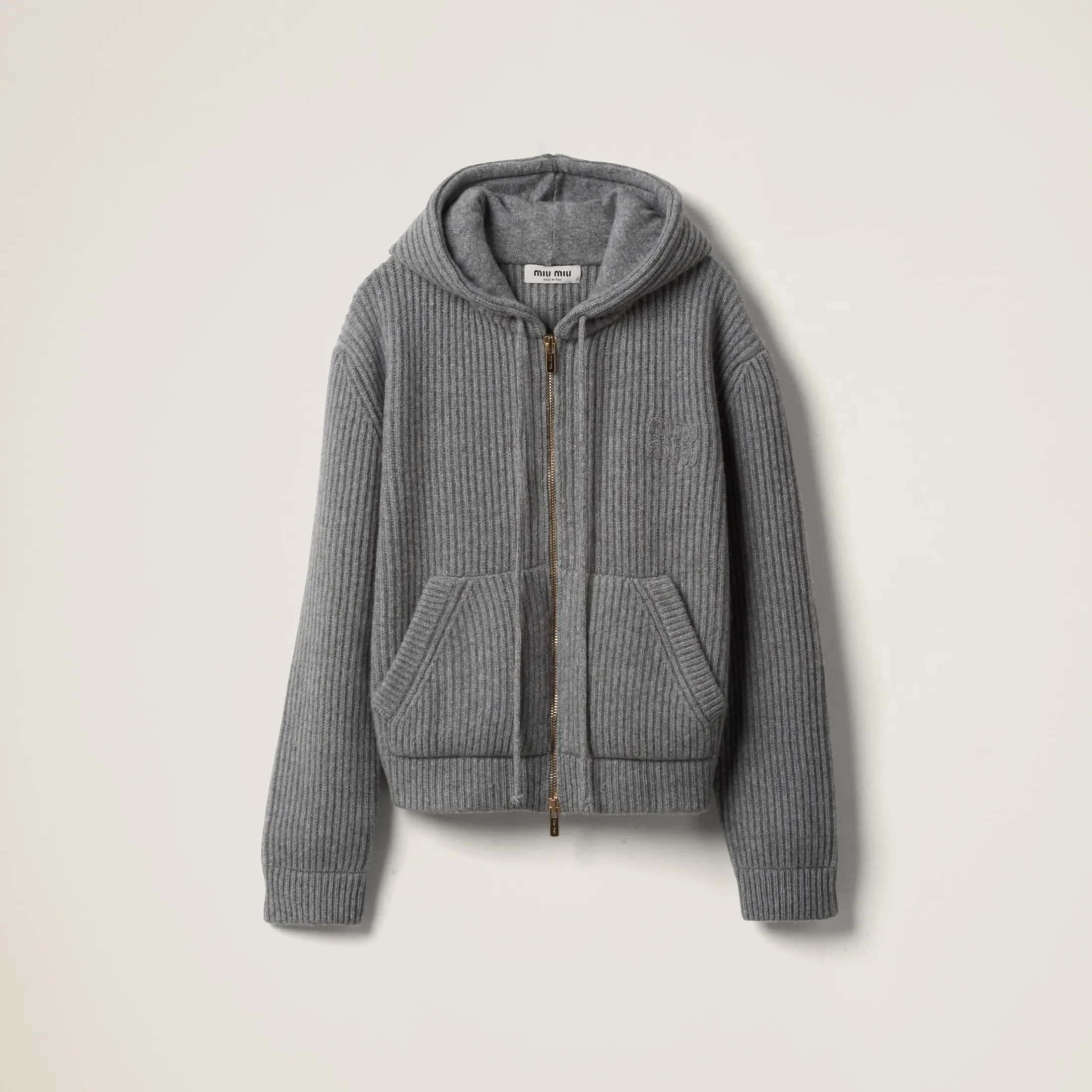 Marble Gray Wool And Cashmere Hoodie Cardigan | Miu Miu