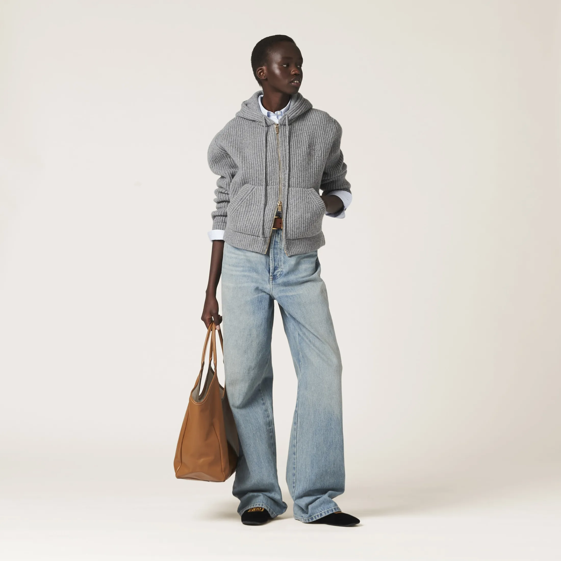 Marble Gray Wool And Cashmere Hoodie Cardigan | Miu Miu